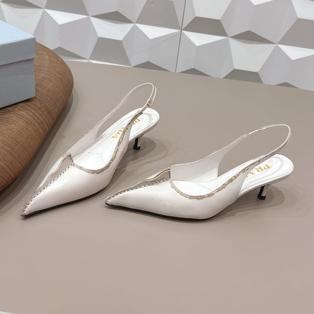 PRADA 26S POINTED TOE SLINGBACK HIGH HEELS 55MM IN CREAM WHITE CALFSKIN