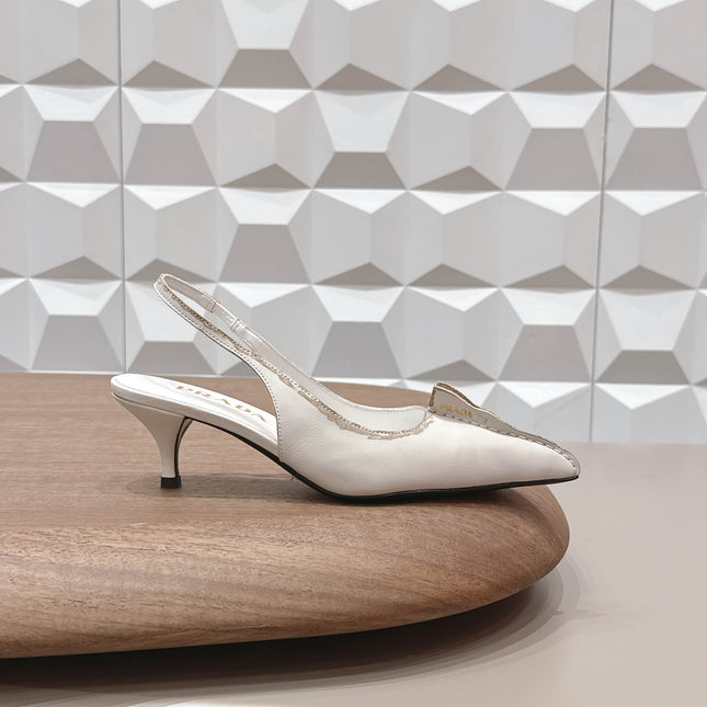 PRADA 26S POINTED TOE SLINGBACK HIGH HEELS 55MM IN CREAM WHITE CALFSKIN