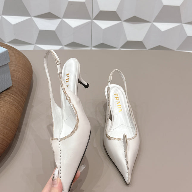 PRADA 26S POINTED TOE SLINGBACK HIGH HEELS 55MM IN CREAM WHITE CALFSKIN