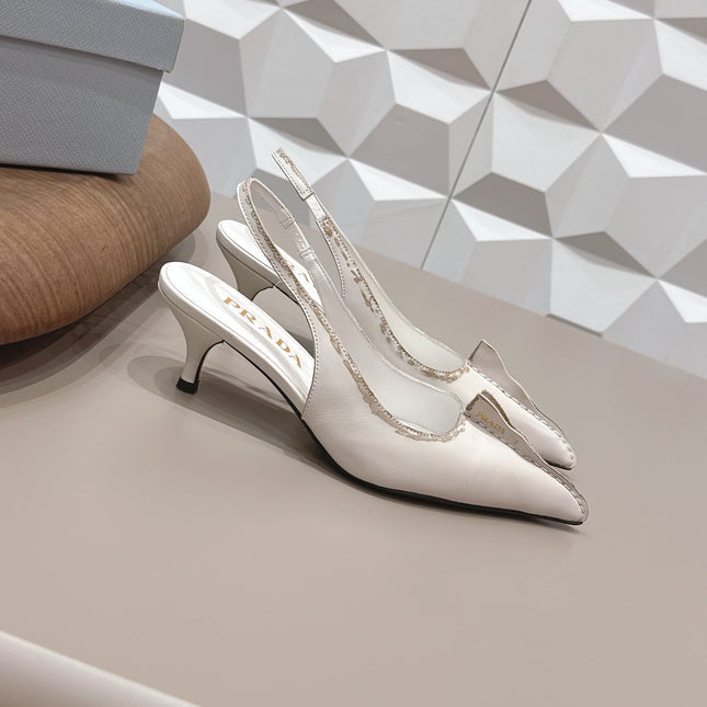 PRADA 26S POINTED TOE SLINGBACK HIGH HEELS 55MM IN CREAM WHITE CALFSKIN