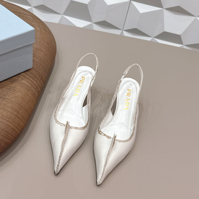 PRADA 26S POINTED TOE SLINGBACK HIGH HEELS 55MM IN CREAM WHITE CALFSKIN