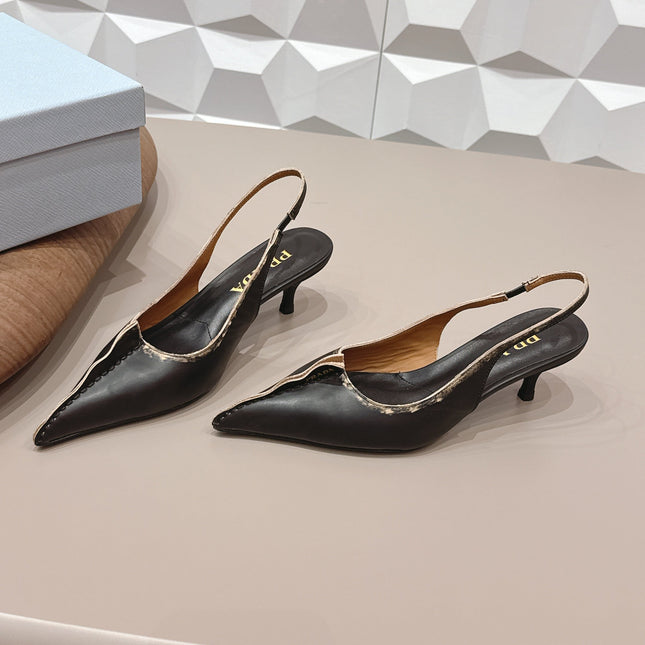 PRADA 26S POINTED TOE SLINGBACK HIGH HEELS 55MM IN BLACK CALFSKIN