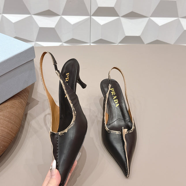 PRADA 26S POINTED TOE SLINGBACK HIGH HEELS 55MM IN BLACK CALFSKIN