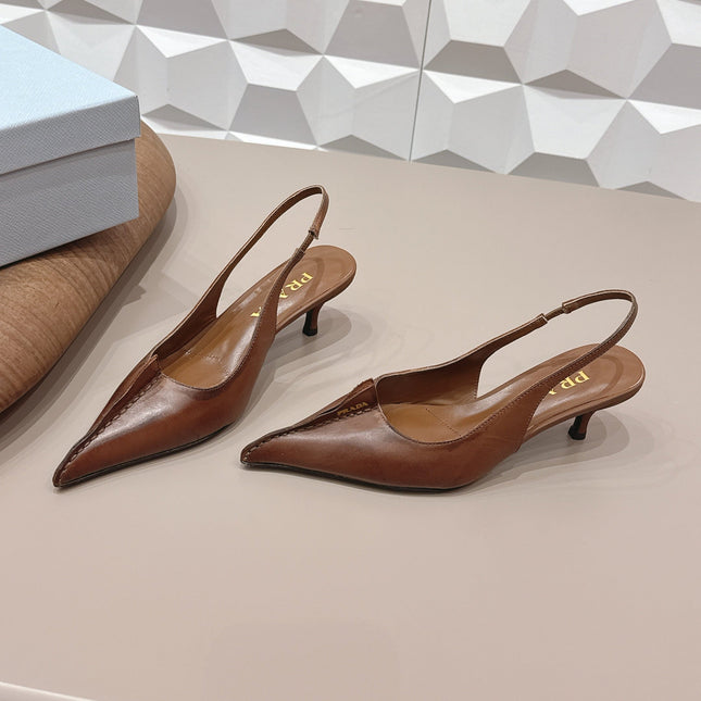 PRADA 26S POINTED TOE SLINGBACK HIGH HEELS 55MM IN BROWN CALFSKIN