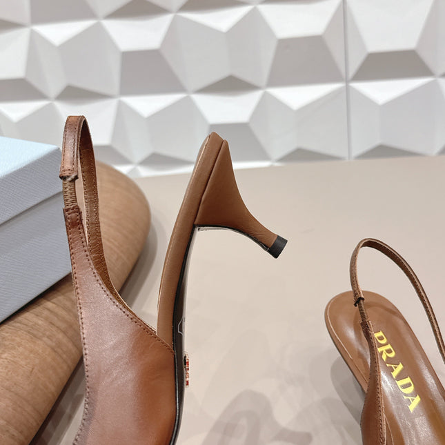 PRADA 26S POINTED TOE SLINGBACK HIGH HEELS 55MM IN BROWN CALFSKIN