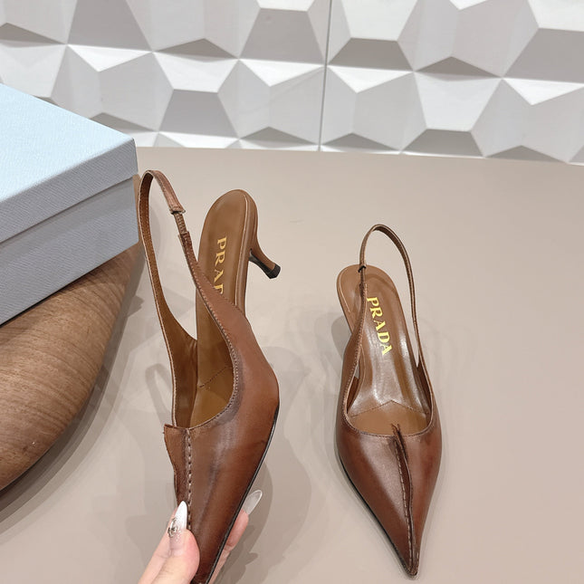 PRADA 26S POINTED TOE SLINGBACK HIGH HEELS 55MM IN BROWN CALFSKIN