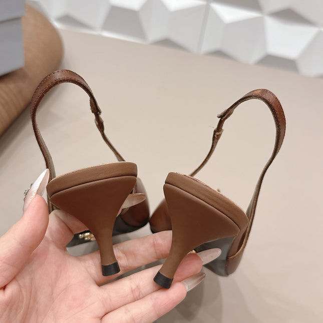 PRADA 26S POINTED TOE SLINGBACK HIGH HEELS 55MM IN BROWN CALFSKIN