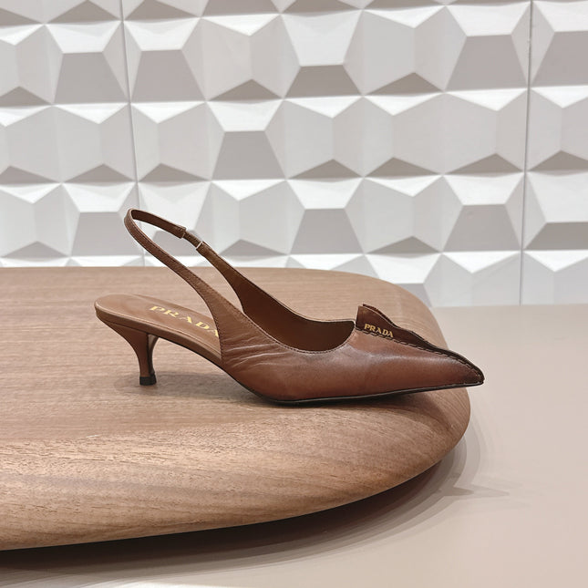 PRADA 26S POINTED TOE SLINGBACK HIGH HEELS 55MM IN BROWN CALFSKIN