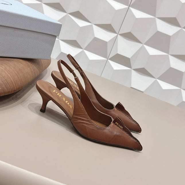 PRADA 26S POINTED TOE SLINGBACK HIGH HEELS 55MM IN BROWN CALFSKIN