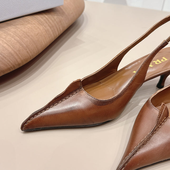 PRADA 26S POINTED TOE SLINGBACK HIGH HEELS 55MM IN BROWN CALFSKIN