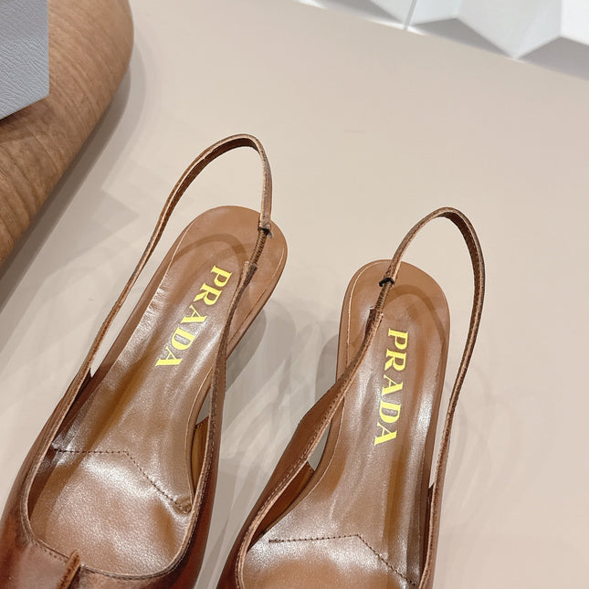 PRADA 26S POINTED TOE SLINGBACK HIGH HEELS 55MM IN BROWN CALFSKIN