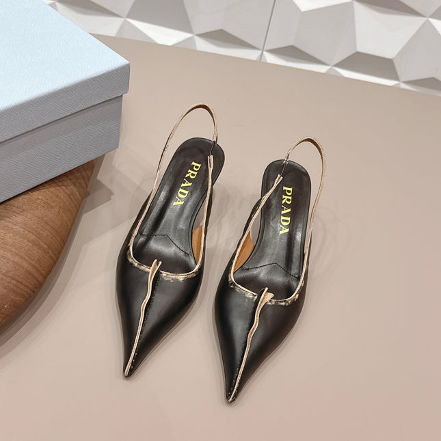 PRADA 26S POINTED TOE SLINGBACK HIGH HEELS 55MM IN BLACK CALFSKIN
