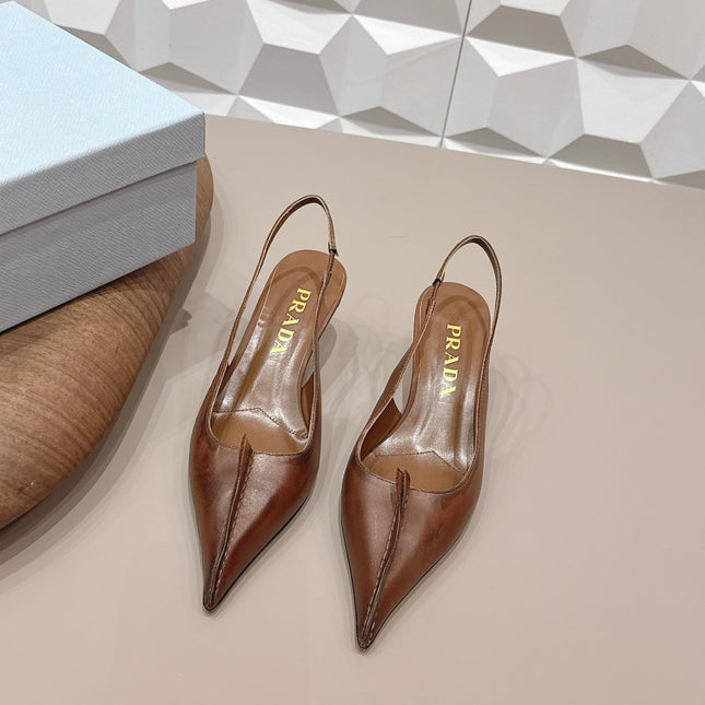 PRADA 26S POINTED TOE SLINGBACK HIGH HEELS 55MM IN BROWN CALFSKIN
