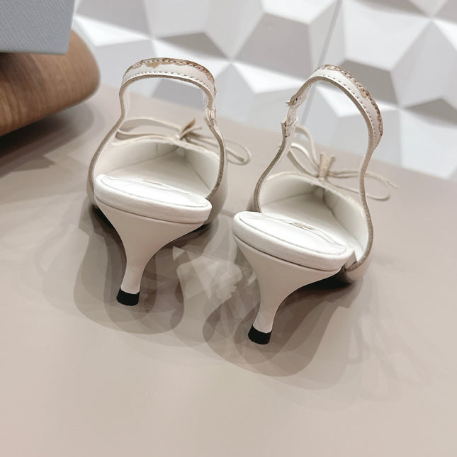 PRADA 26S POINTED TOE SLINGBACK HIGH HEELS 55MM IN CREAM WHITE CALFSKIN WITH BOW