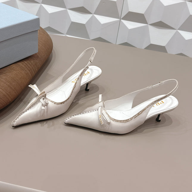 PRADA 26S POINTED TOE SLINGBACK HIGH HEELS 55MM IN CREAM WHITE CALFSKIN WITH BOW