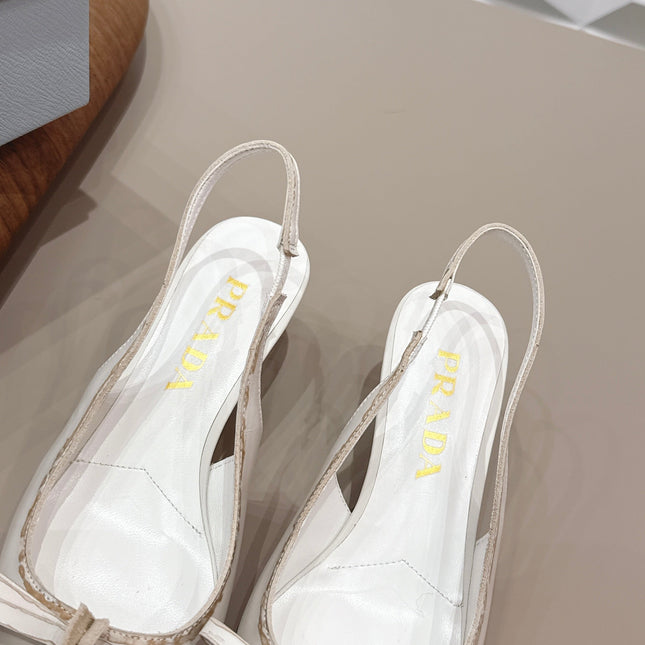 PRADA 26S POINTED TOE SLINGBACK HIGH HEELS 55MM IN CREAM WHITE CALFSKIN WITH BOW