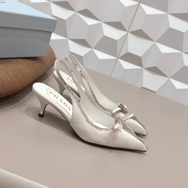 PRADA 26S POINTED TOE SLINGBACK HIGH HEELS 55MM IN CREAM WHITE CALFSKIN WITH BOW