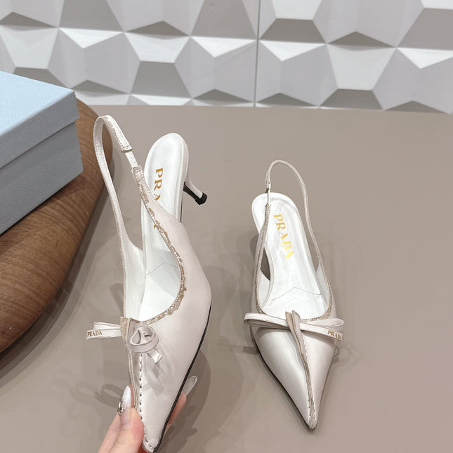 PRADA 26S POINTED TOE SLINGBACK HIGH HEELS 55MM IN CREAM WHITE CALFSKIN WITH BOW