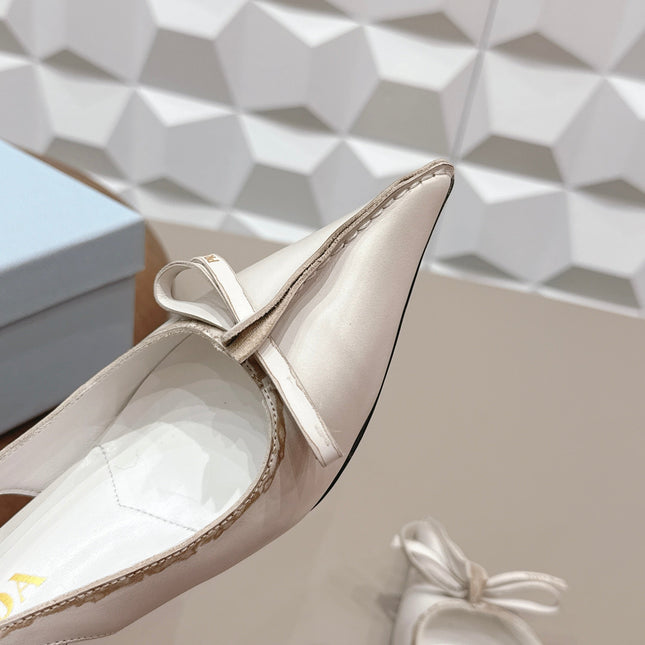 PRADA 26S POINTED TOE SLINGBACK HIGH HEELS 55MM IN CREAM WHITE CALFSKIN WITH BOW