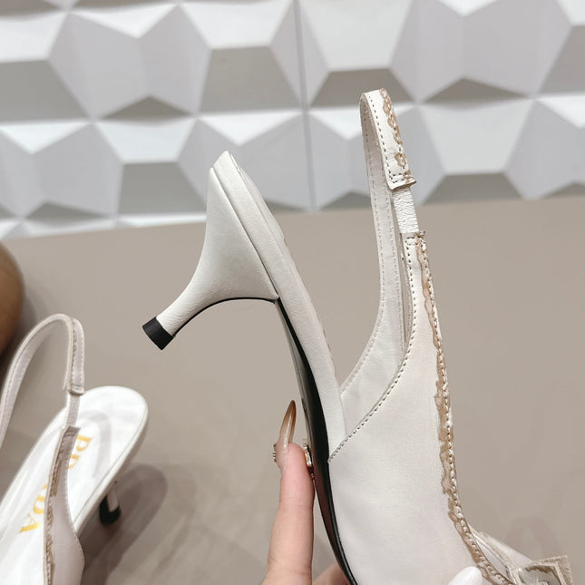 PRADA 26S POINTED TOE SLINGBACK HIGH HEELS 55MM IN CREAM WHITE CALFSKIN WITH BOW