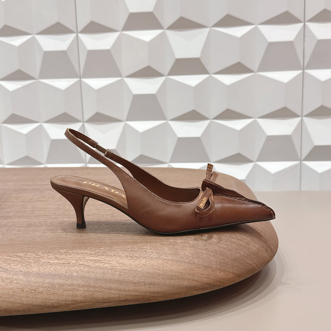 PRADA 26S POINTED TOE SLINGBACK HIGH HEELS 55MM IN BROWN CALFSKIN WITH BOW