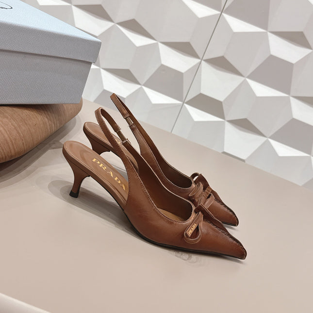 PRADA 26S POINTED TOE SLINGBACK HIGH HEELS 55MM IN BROWN CALFSKIN WITH BOW