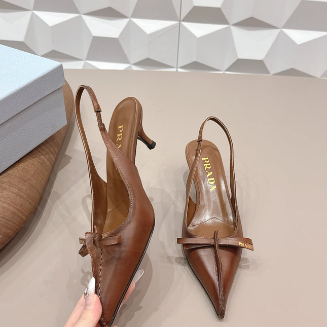 PRADA 26S POINTED TOE SLINGBACK HIGH HEELS 55MM IN BROWN CALFSKIN WITH BOW