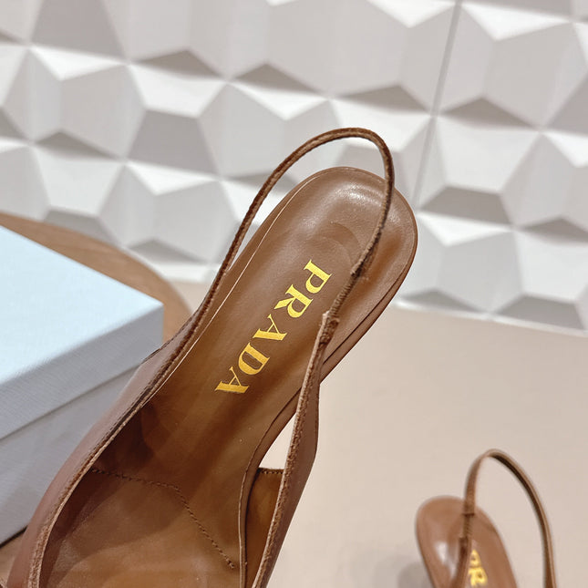 PRADA 26S POINTED TOE SLINGBACK HIGH HEELS 55MM IN BROWN CALFSKIN WITH BOW