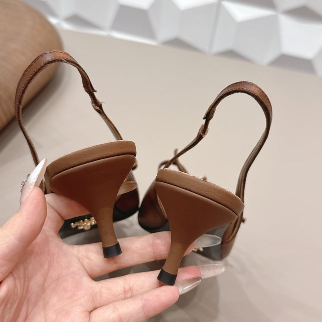 PRADA 26S POINTED TOE SLINGBACK HIGH HEELS 55MM IN BROWN CALFSKIN WITH BOW