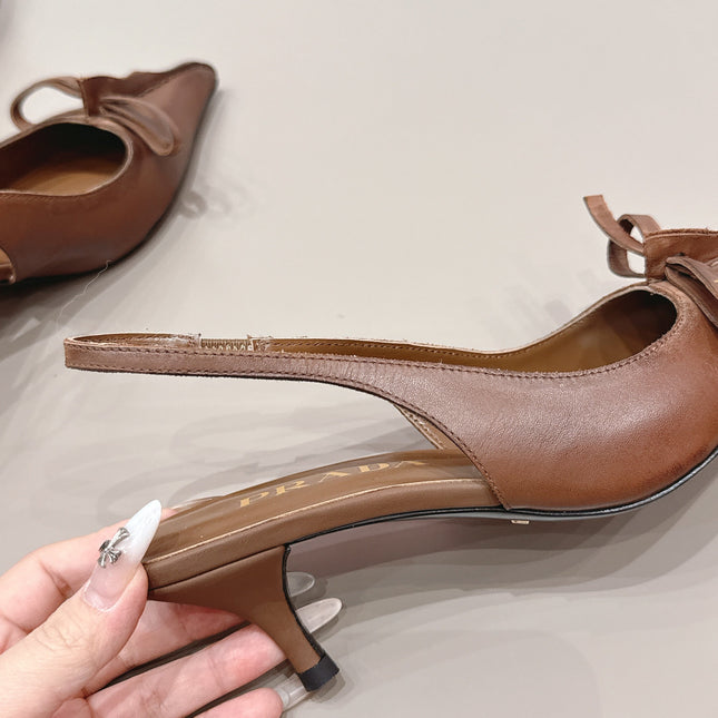 PRADA 26S POINTED TOE SLINGBACK HIGH HEELS 55MM IN BROWN CALFSKIN WITH BOW