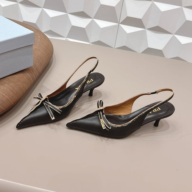 PRADA 26S POINTED TOE SLINGBACK HIGH HEELS 55MM IN BLACK CALFSKIN WITH BOW