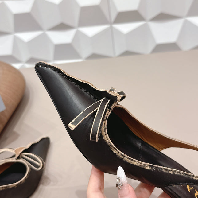PRADA 26S POINTED TOE SLINGBACK HIGH HEELS 55MM IN BLACK CALFSKIN WITH BOW