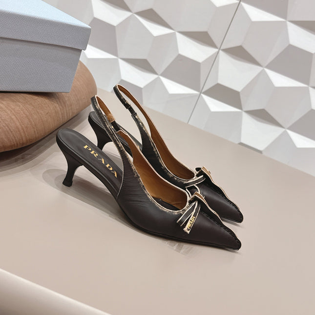 PRADA 26S POINTED TOE SLINGBACK HIGH HEELS 55MM IN BLACK CALFSKIN WITH BOW
