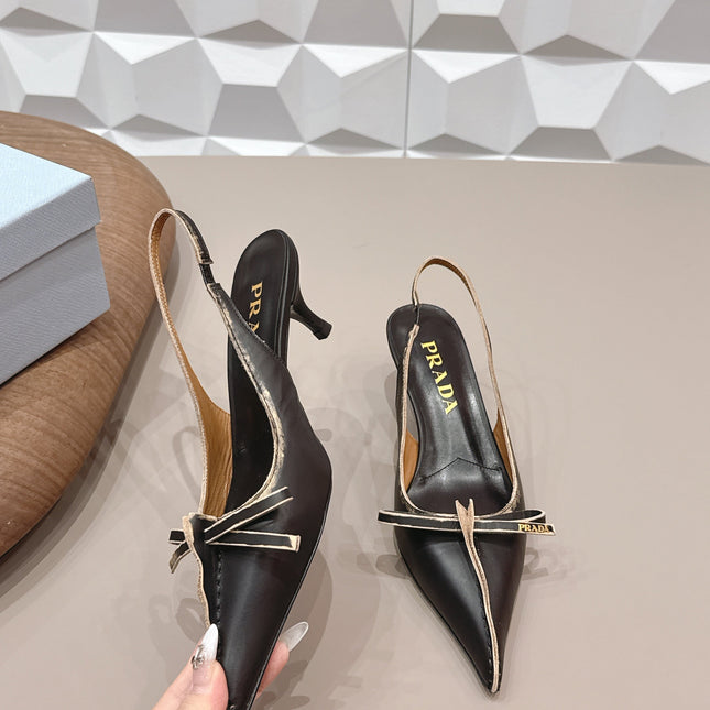 PRADA 26S POINTED TOE SLINGBACK HIGH HEELS 55MM IN BLACK CALFSKIN WITH BOW