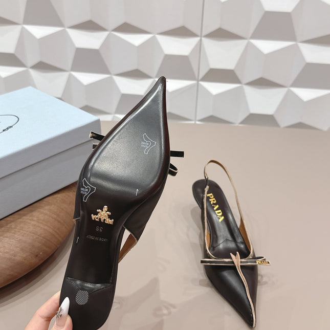 PRADA 26S POINTED TOE SLINGBACK HIGH HEELS 55MM IN BLACK CALFSKIN WITH BOW