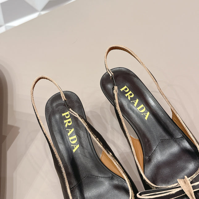 PRADA 26S POINTED TOE SLINGBACK HIGH HEELS 55MM IN BLACK CALFSKIN WITH BOW