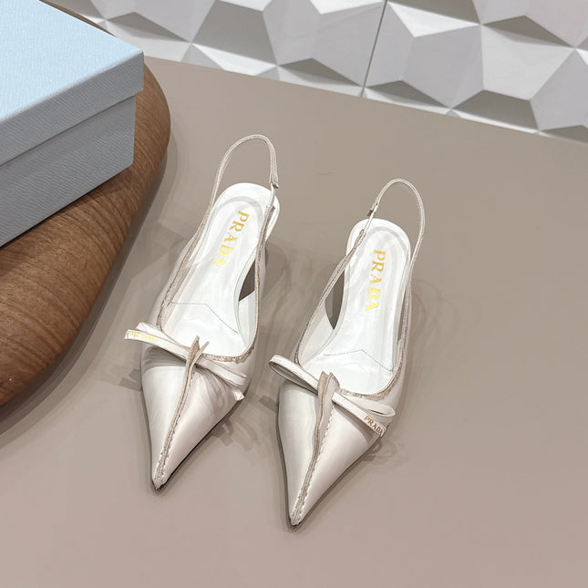 PRADA 26S POINTED TOE SLINGBACK HIGH HEELS 55MM IN CREAM WHITE CALFSKIN WITH BOW