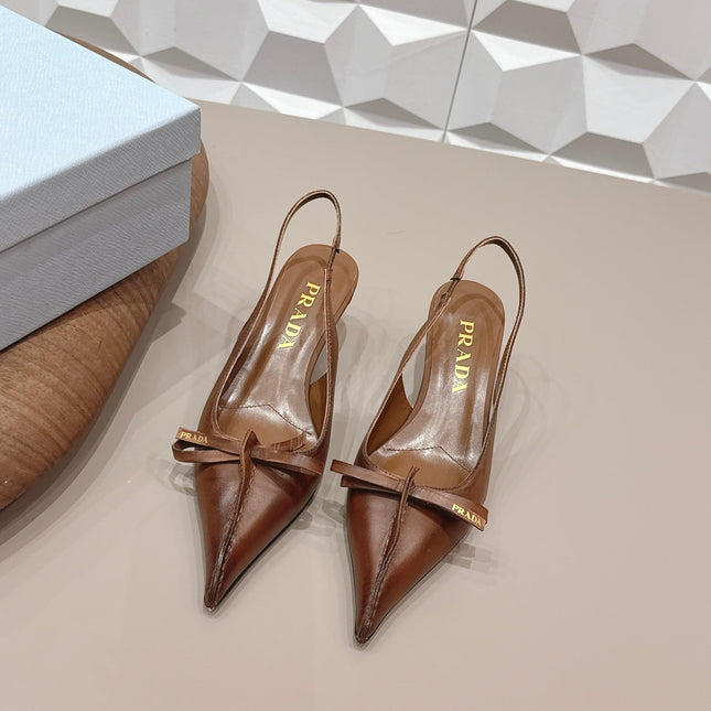 PRADA 26S POINTED TOE SLINGBACK HIGH HEELS 55MM IN BROWN CALFSKIN WITH BOW