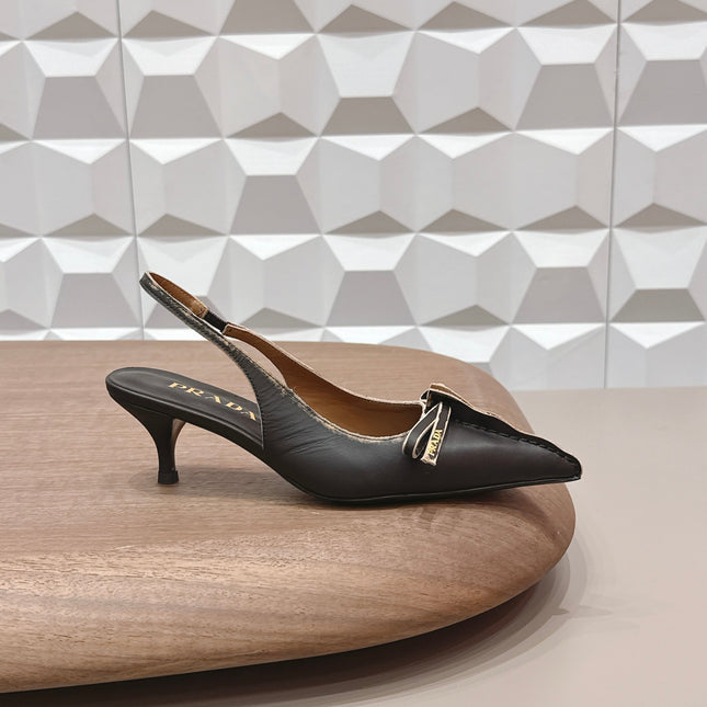 PRADA 26S POINTED TOE SLINGBACK HIGH HEELS 55MM IN BLACK CALFSKIN WITH BOW