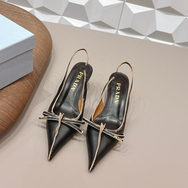 PRADA 26S POINTED TOE SLINGBACK HIGH HEELS 55MM IN BLACK CALFSKIN WITH BOW