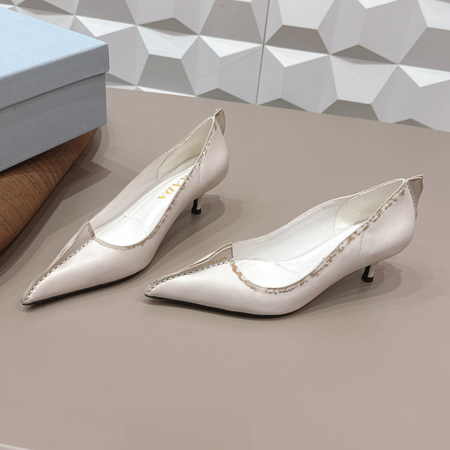 PRADA 26S POINTED TOE HIGH HEELS 55MM IN CREAM WHITE CALFSKIN