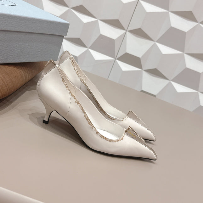PRADA 26S POINTED TOE HIGH HEELS 55MM IN CREAM WHITE CALFSKIN