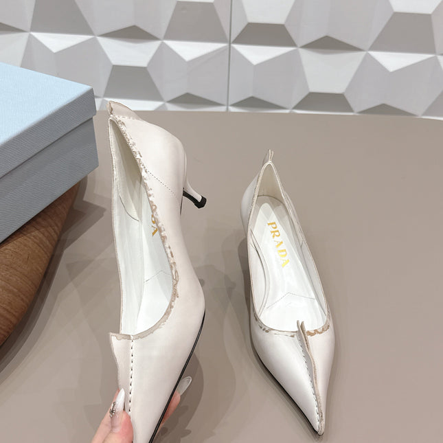 PRADA 26S POINTED TOE HIGH HEELS 55MM IN CREAM WHITE CALFSKIN