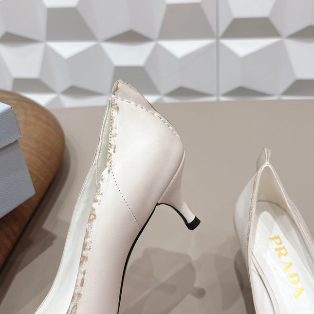PRADA 26S POINTED TOE HIGH HEELS 55MM IN CREAM WHITE CALFSKIN