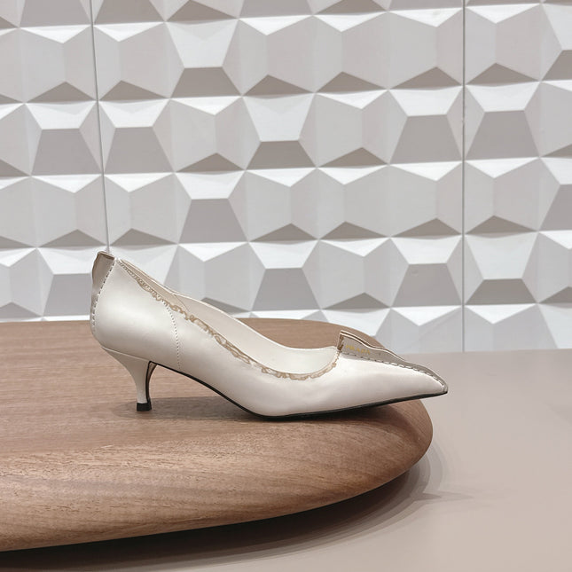 PRADA 26S POINTED TOE HIGH HEELS 55MM IN CREAM WHITE CALFSKIN