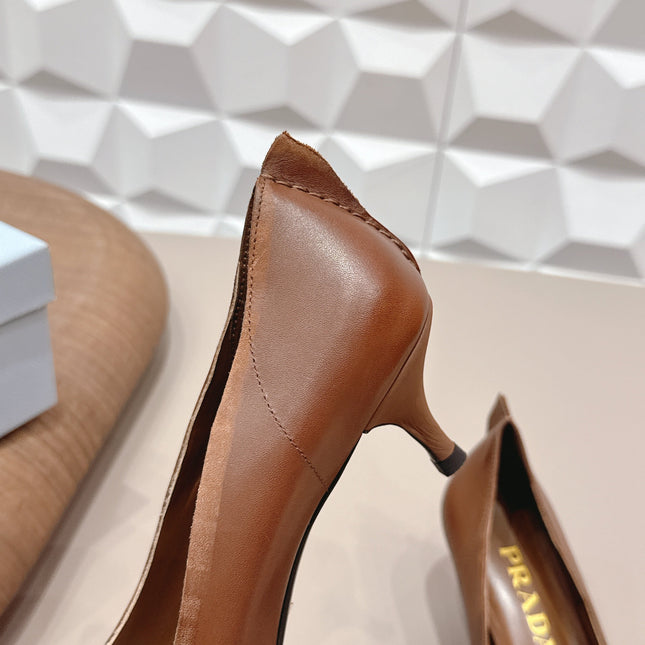 PRADA 26S POINTED TOE HIGH HEELS 55MM IN BROWN CALFSKIN