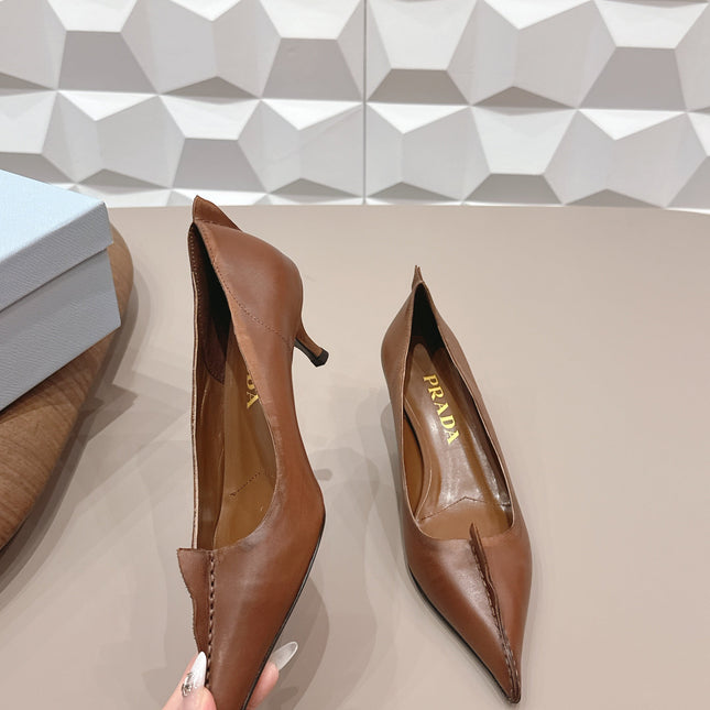 PRADA 26S POINTED TOE HIGH HEELS 55MM IN BROWN CALFSKIN