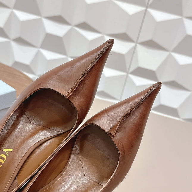 PRADA 26S POINTED TOE HIGH HEELS 55MM IN BROWN CALFSKIN