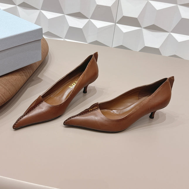 PRADA 26S POINTED TOE HIGH HEELS 55MM IN BROWN CALFSKIN