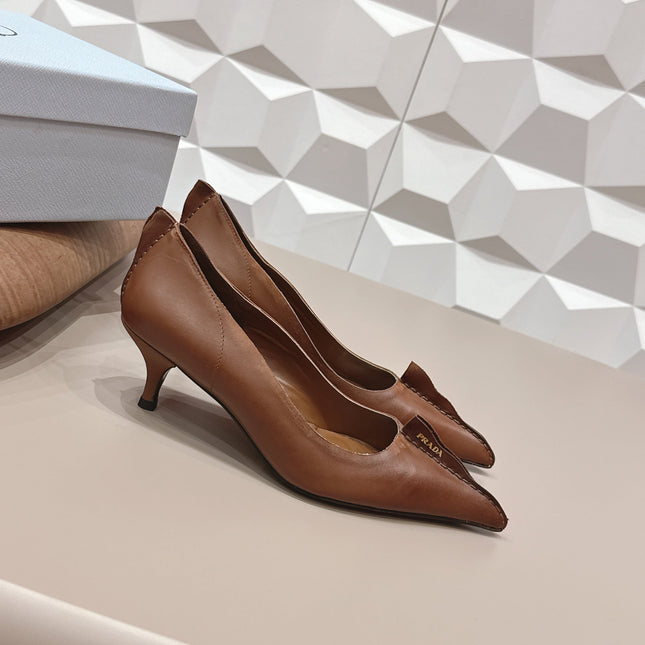 PRADA 26S POINTED TOE HIGH HEELS 55MM IN BROWN CALFSKIN